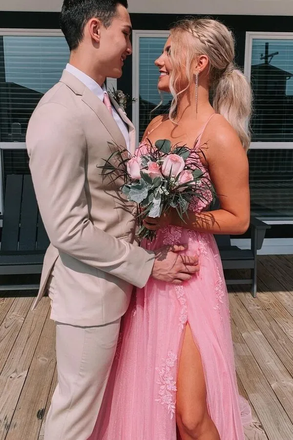 Beautiful Pink Tulle Lace A-line Backless Long Prom Dresses With Side Slit, MP694
