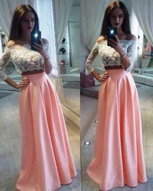 Beautiful Two Piece Prom Dresses Off The Shoulder White Lace Coral-Pink Satin Long Prom Gowns for Party