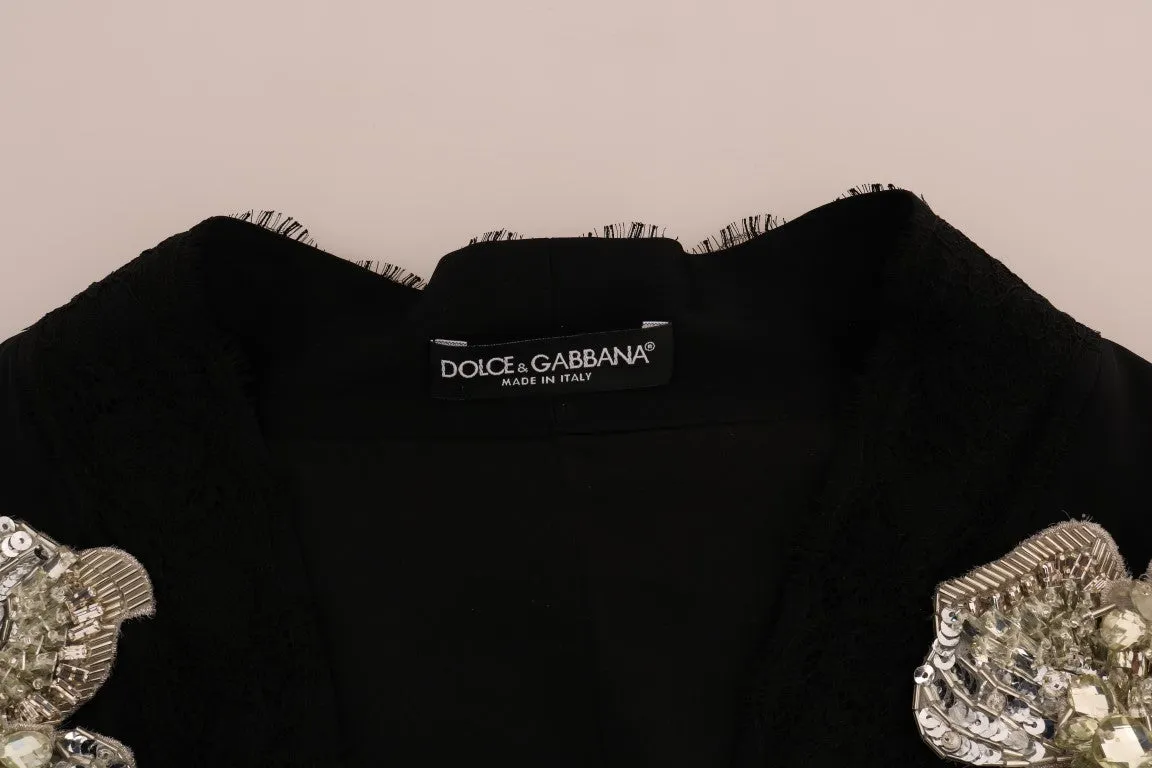 Black Floral Lace Silk Crystal Dress