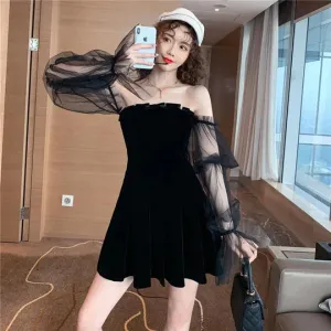 Black Puff Sleeve Off-shoulder Velvet Pleated Dress  UB96037