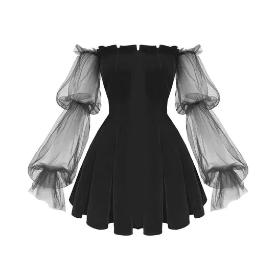Black Puff Sleeve Off-shoulder Velvet Pleated Dress  UB96037