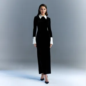 Black Velvet Maxi Dress with White Collar