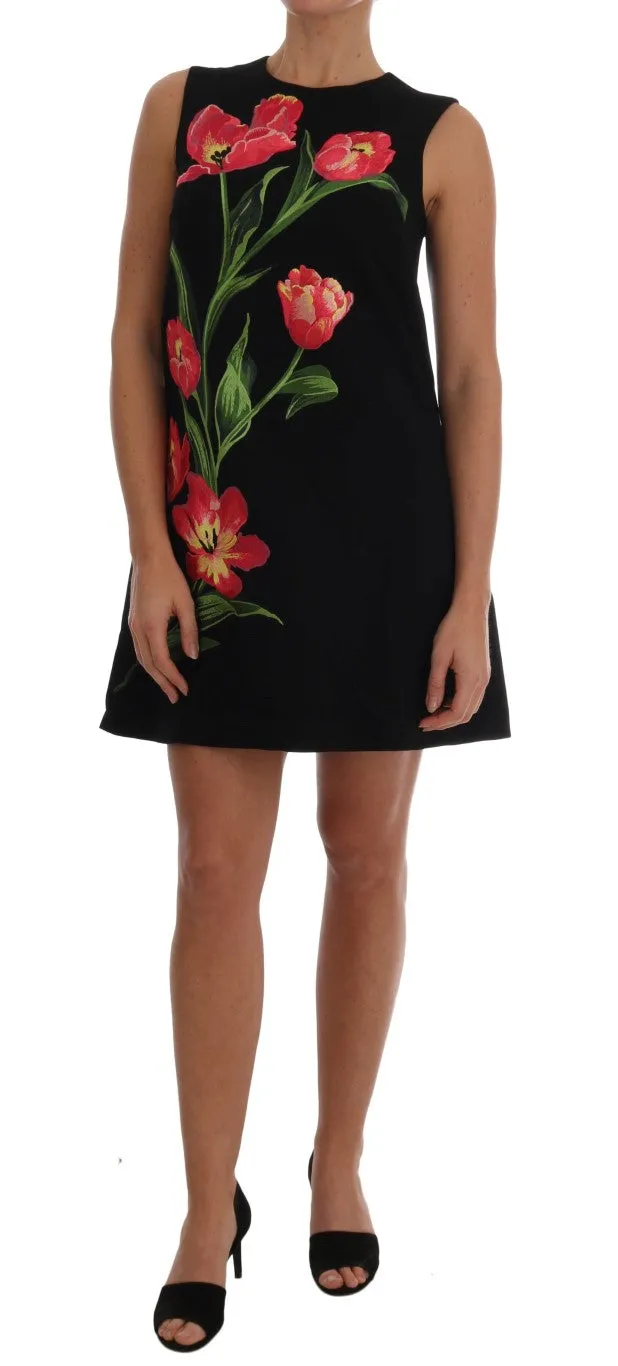 Black Wool Stretch Pink Tulip Print Dress