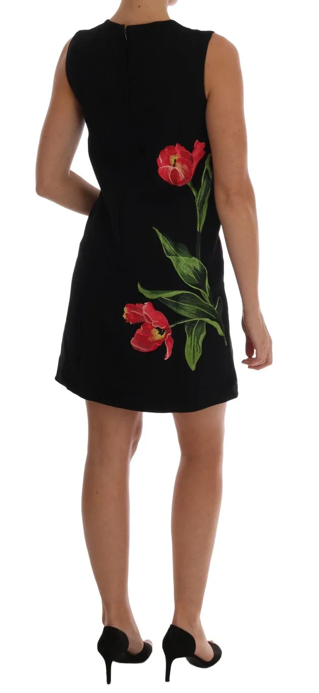 Black Wool Stretch Pink Tulip Print Dress