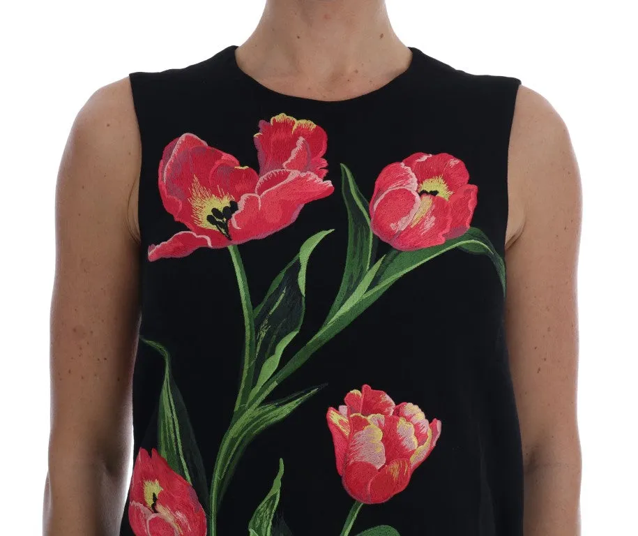 Black Wool Stretch Pink Tulip Print Dress