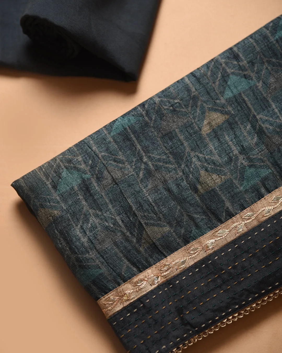 Blue Chanderi Silk Blend Printed With Embroidery Unstitched Suit Fabric Set With Chanderi Printed Dupatta