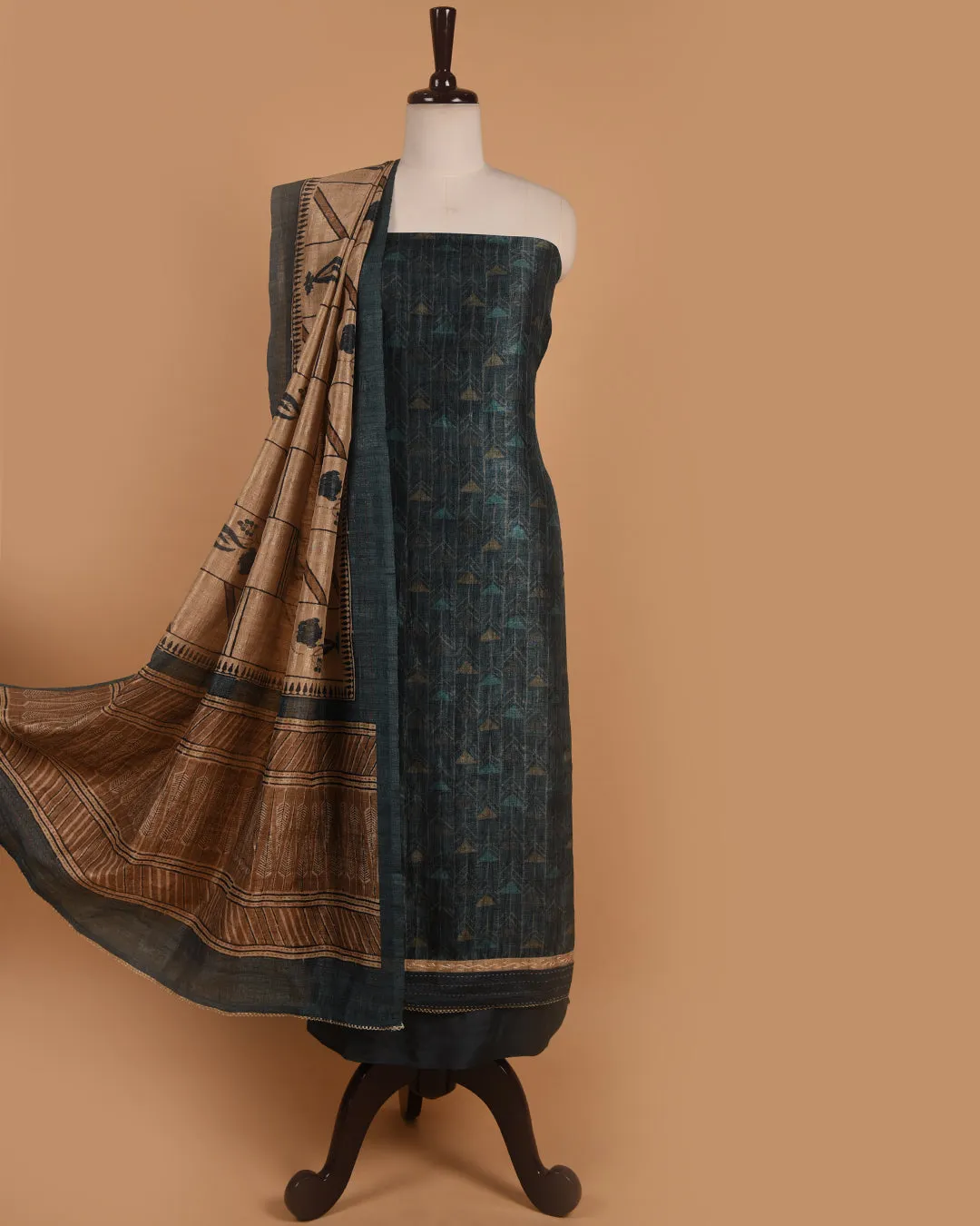 Blue Chanderi Silk Blend Printed With Embroidery Unstitched Suit Fabric Set With Chanderi Printed Dupatta