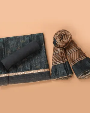 Blue Chanderi Silk Blend Printed With Embroidery Unstitched Suit Fabric Set With Chanderi Printed Dupatta