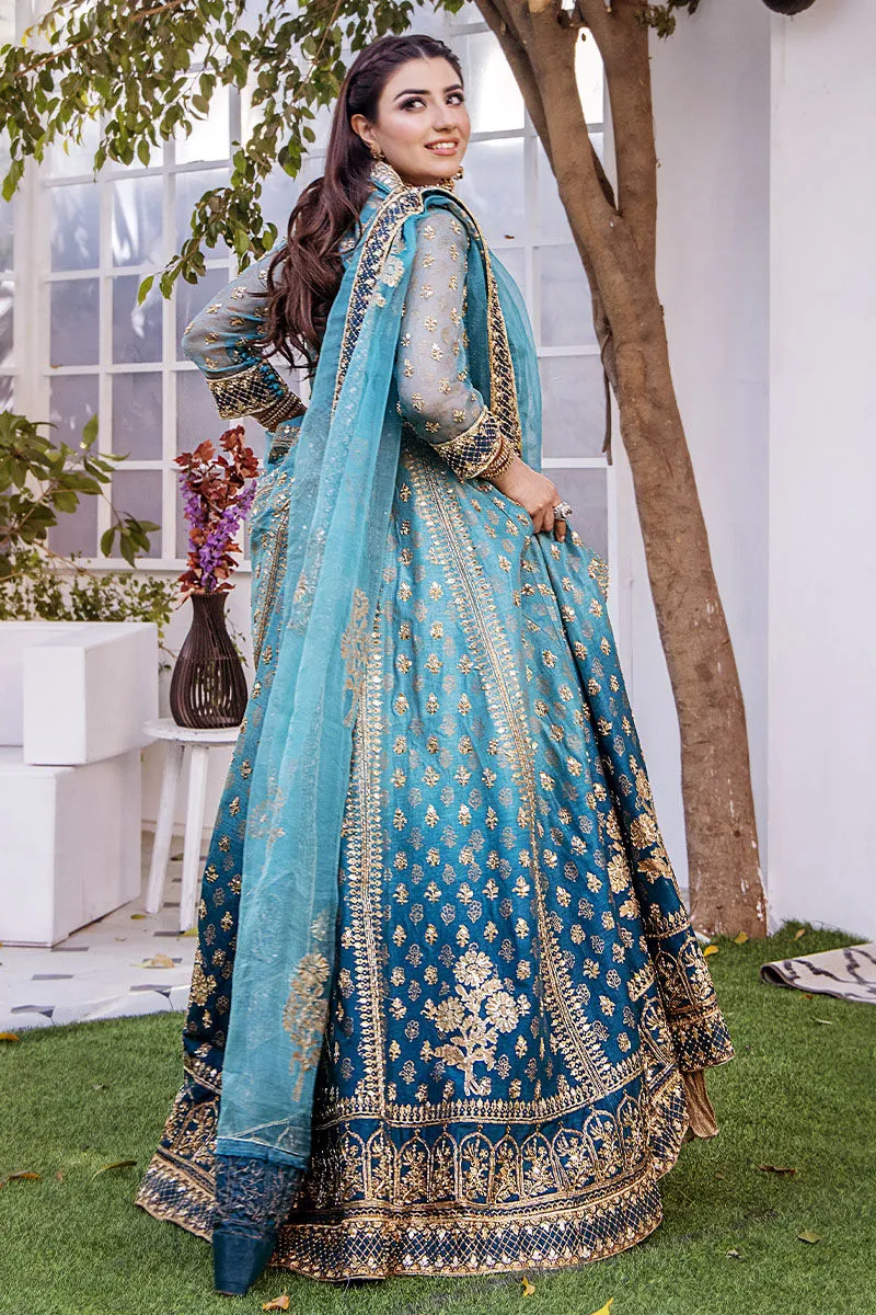 Blue Kalidar Hand Embellished Pishwas with Dupatta Wedding Dress