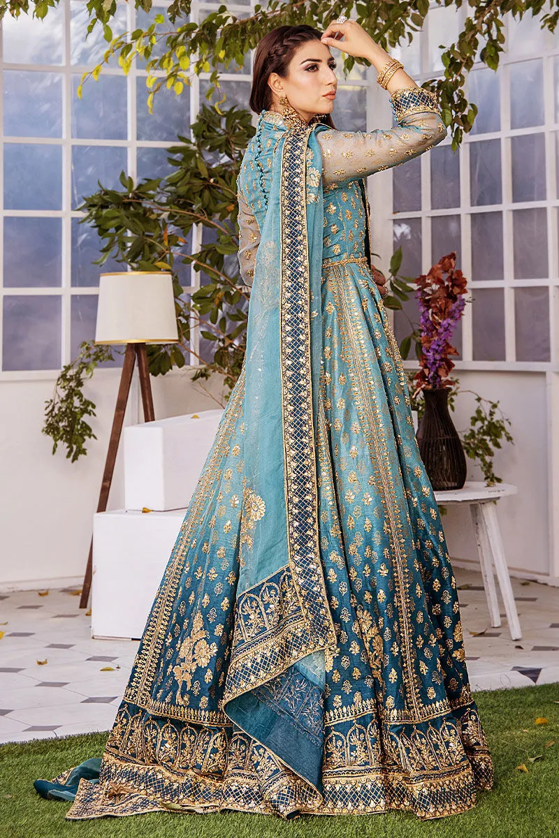 Blue Kalidar Hand Embellished Pishwas with Dupatta Wedding Dress