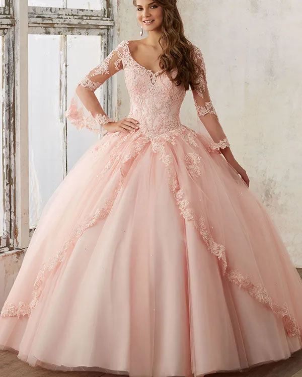 Blue Lace Long Sleeves Princess Tulle Ball Gown Quinceanera Dresses V Neckline Sweet 15
