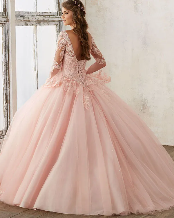 Blue Lace Long Sleeves Princess Tulle Ball Gown Quinceanera Dresses V Neckline Sweet 15