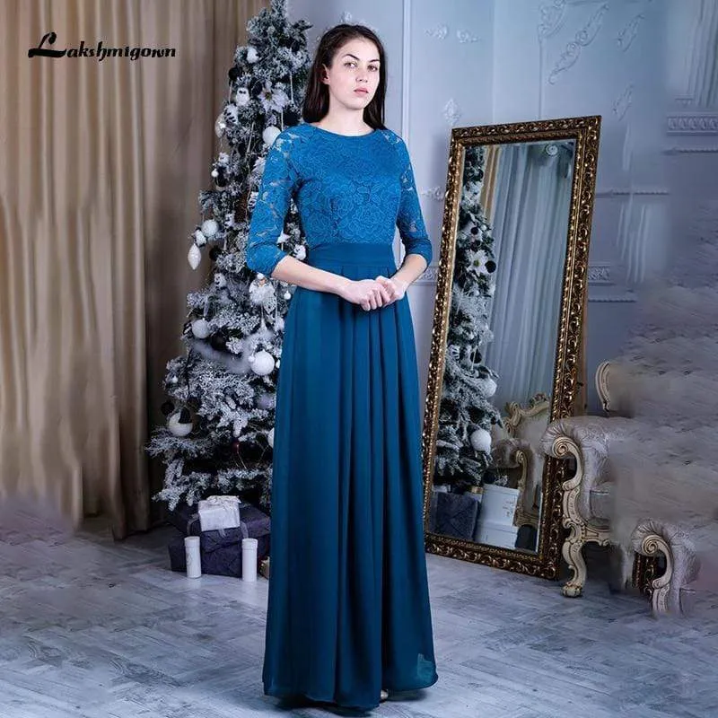 Blue Lace Mother of the Bridal Dresses with Sleeves
