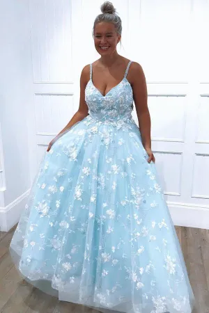 Blue Tulle A-line V-neck Lace Appliques Prom Dresses, Evening Dress, MP796