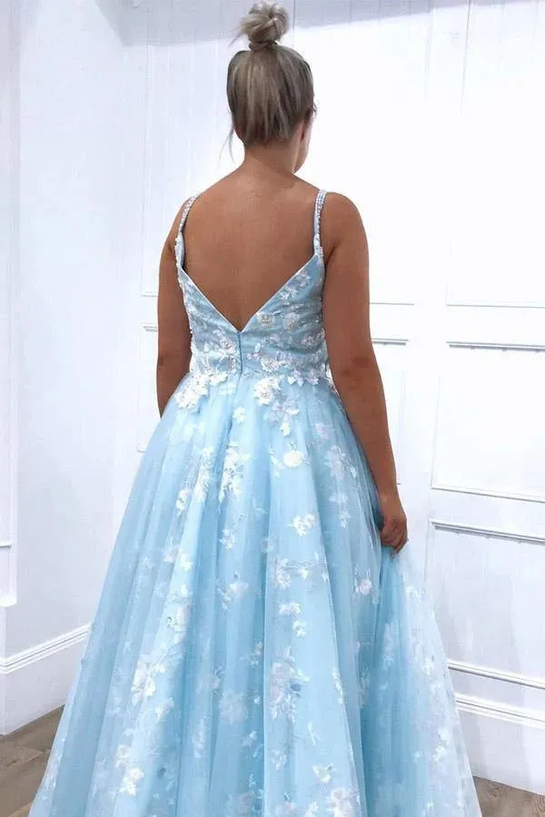 Blue Tulle A-line V-neck Lace Appliques Prom Dresses, Evening Dress, MP796