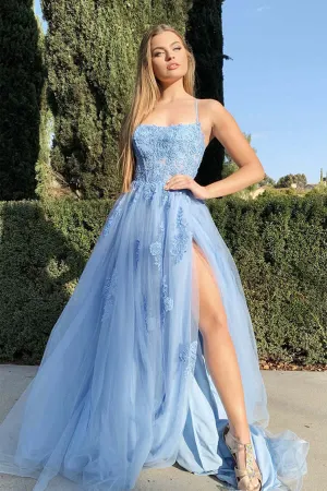 Blue Tulle Lace Appliques Spaghetti Straps Long Prom Dresses With Slit, MP659
