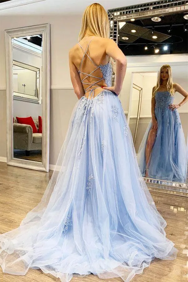 Blue Tulle Lace Appliques Spaghetti Straps Long Prom Dresses With Slit, MP659
