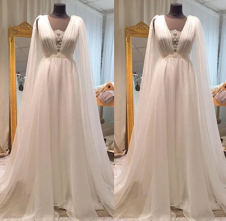 Bohmiean Wedding Dresses with Cape 2019 A-line Lace Chiffon Summer Country Wedding Gowns