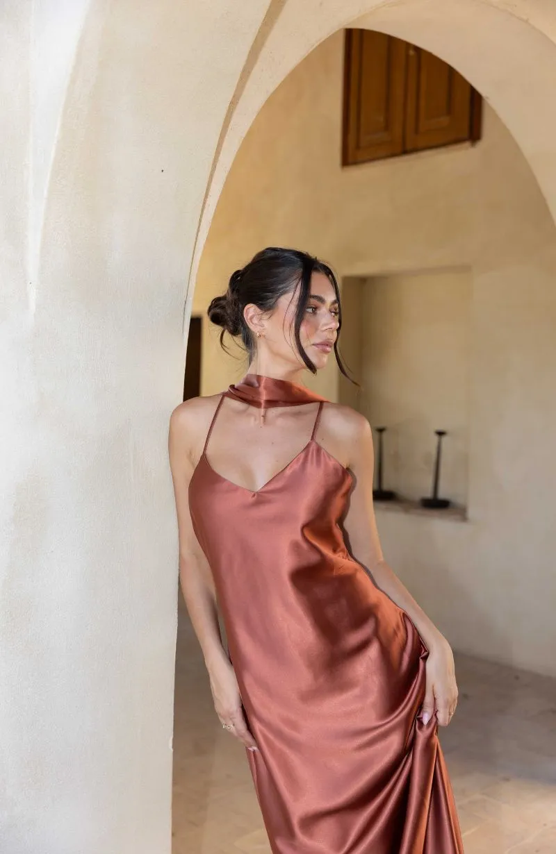 Brooklyn Dress in Terracotta Satin