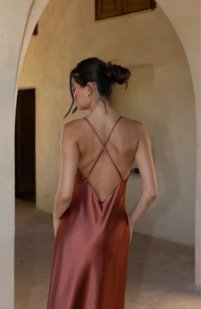 Brooklyn Dress in Terracotta Satin