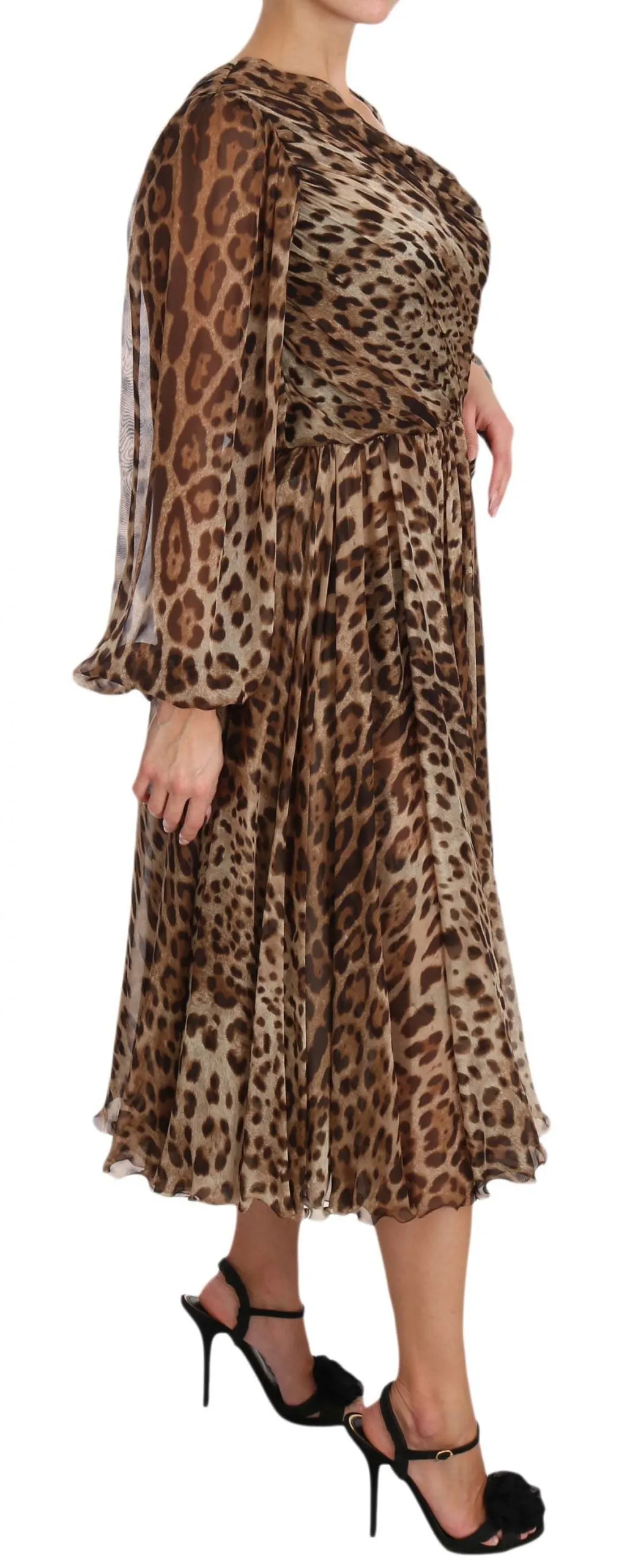 Brown Leopard Silk Wrap A-Line Dress