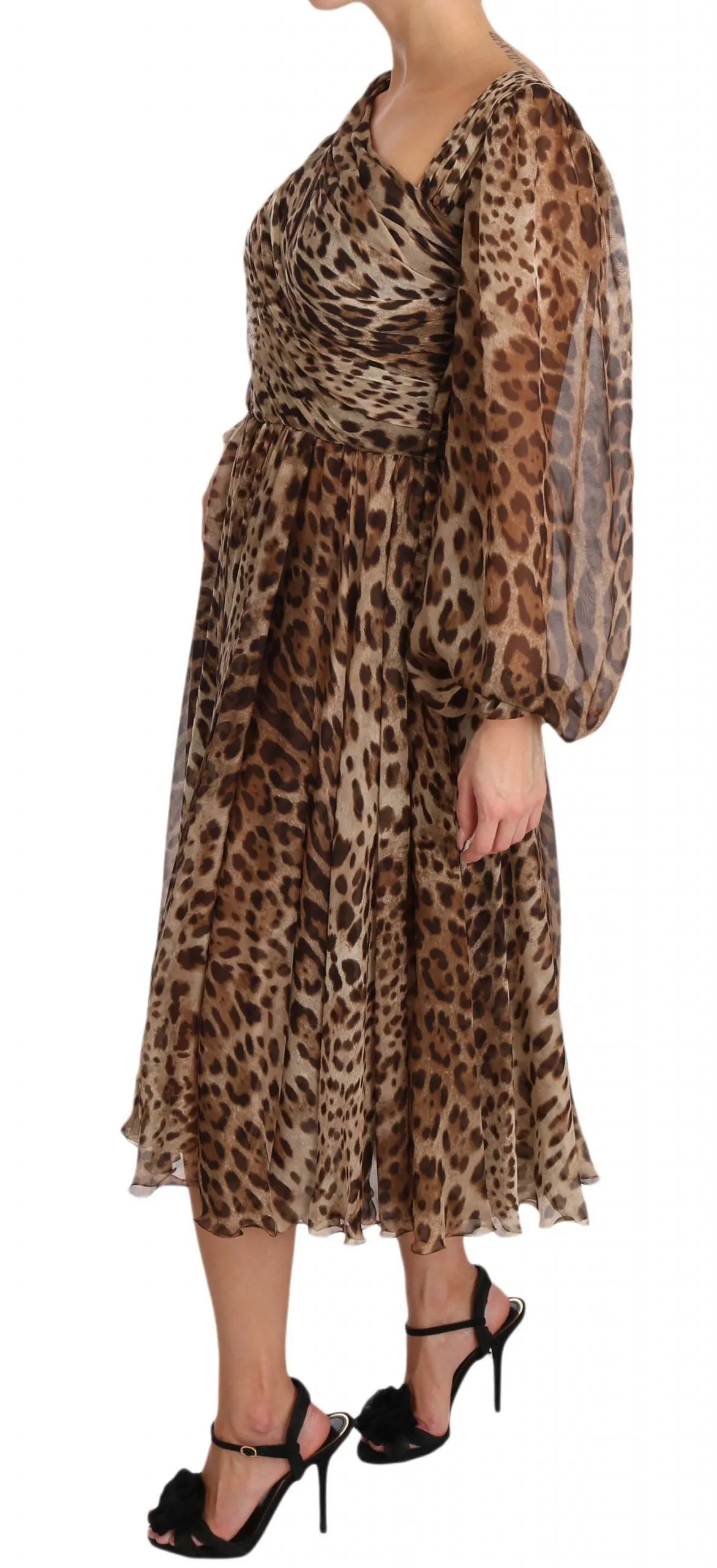 Brown Leopard Silk Wrap A-Line Dress