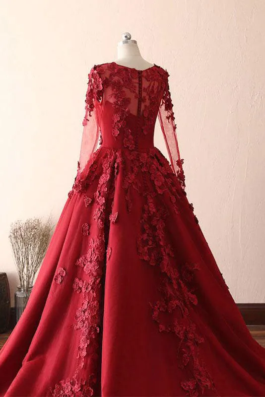 Burgundy round neck lace long prom dress burgundy evening dress