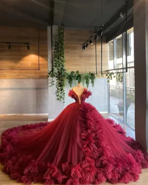 Burgundy Ruffles Quinceanera Dresses Tulle Skirt Ball Gown Sexy Plunge V-Neck Sweet 16 Dress 803073