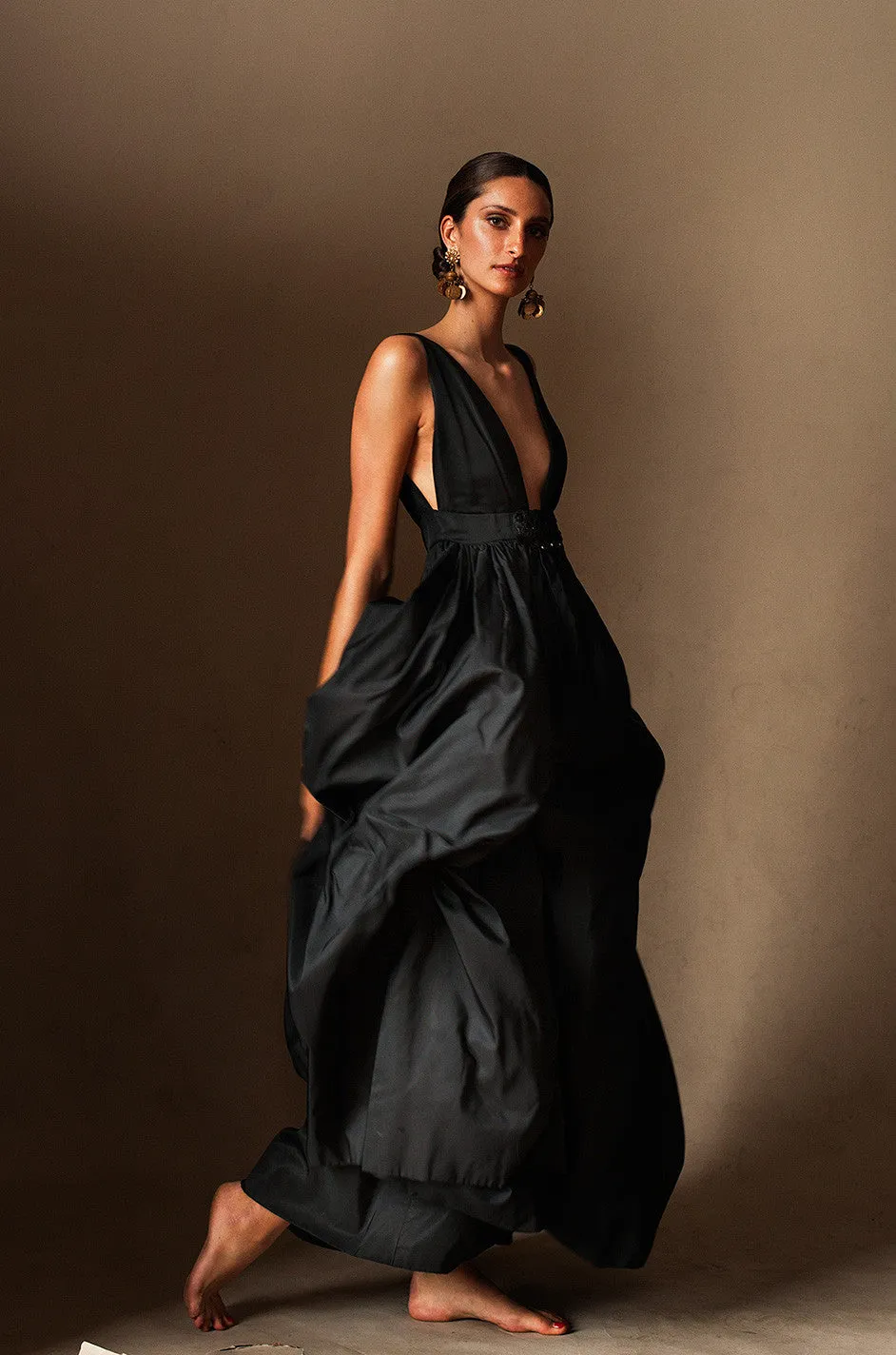 c1967 Plunging Black Silk George Halley Gown
