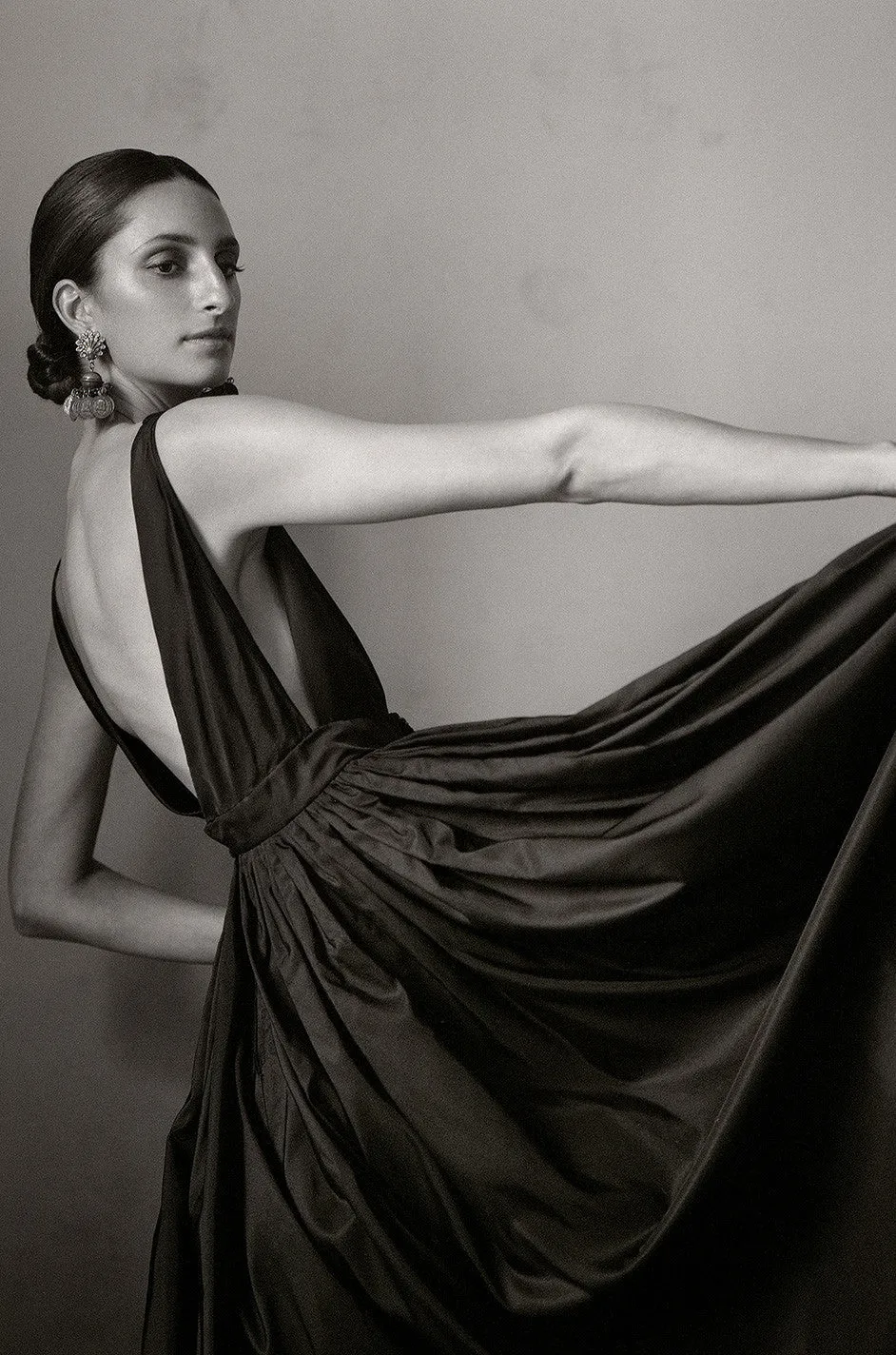 c1967 Plunging Black Silk George Halley Gown