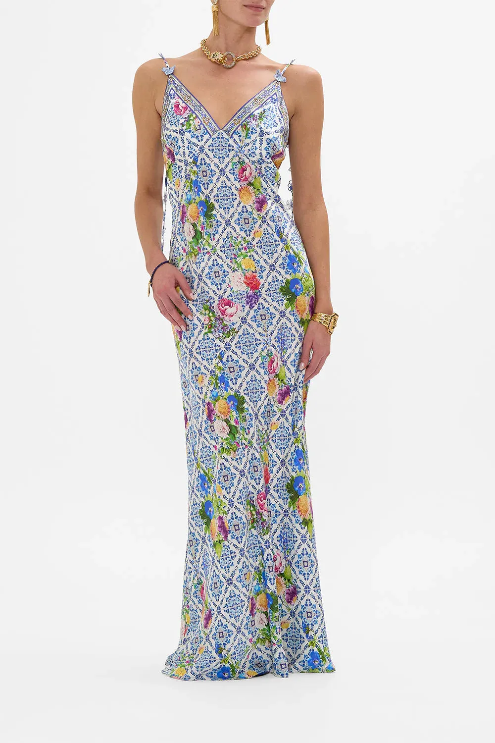 Camilla V-Neck Full Length Bias Slip Dress in Wall-to-Wall Wonders