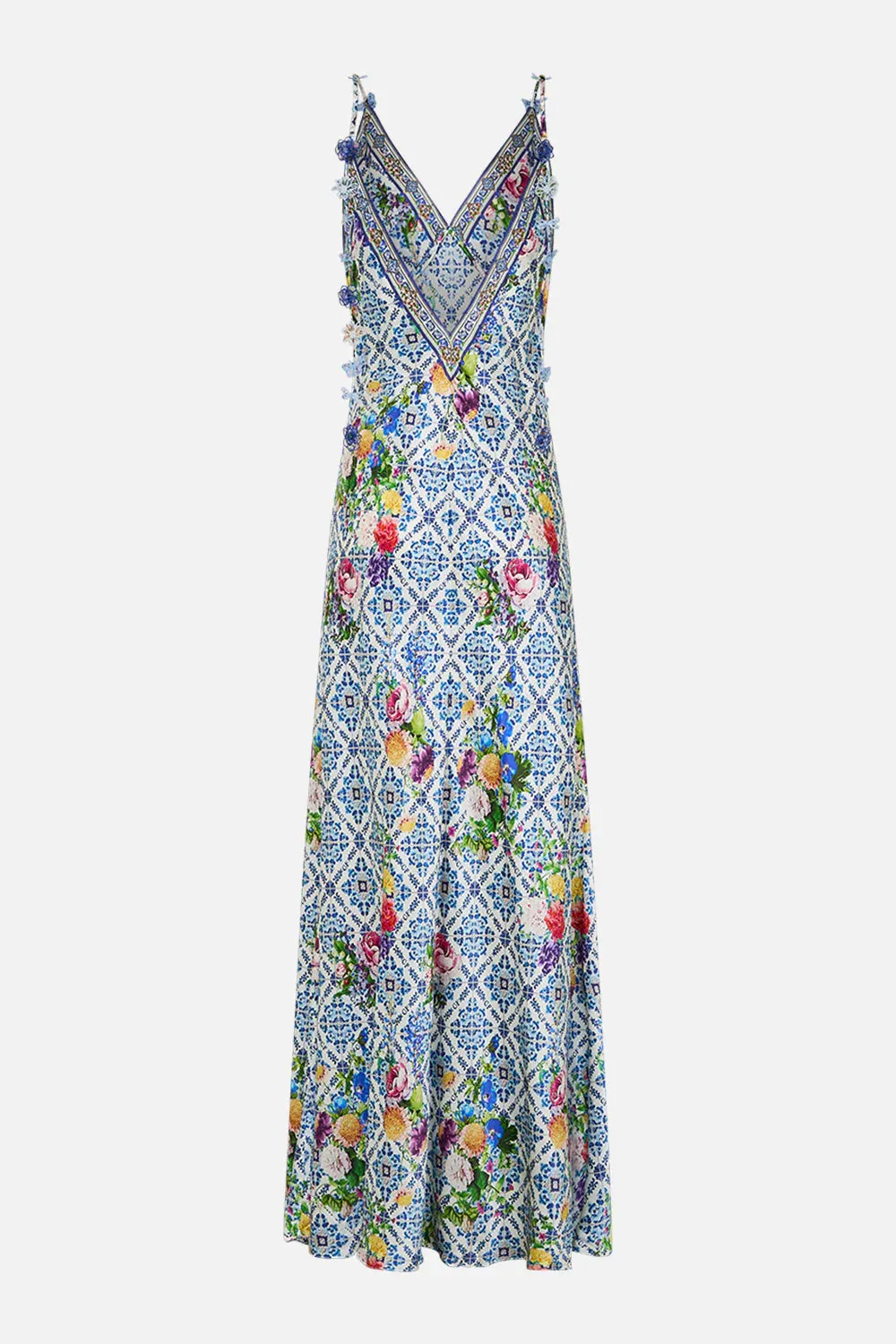 Camilla V-Neck Full Length Bias Slip Dress in Wall-to-Wall Wonders