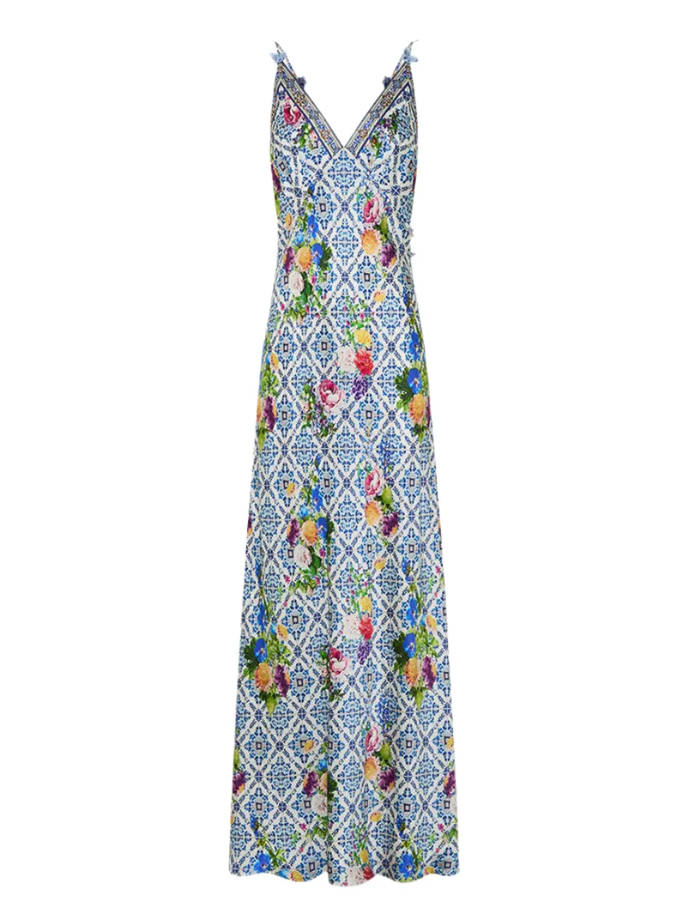 Camilla V-Neck Full Length Bias Slip Dress in Wall-to-Wall Wonders