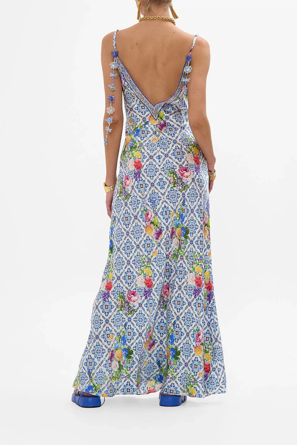 Camilla V-Neck Full Length Bias Slip Dress in Wall-to-Wall Wonders
