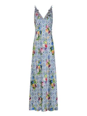 Camilla V-Neck Full Length Bias Slip Dress in Wall-to-Wall Wonders