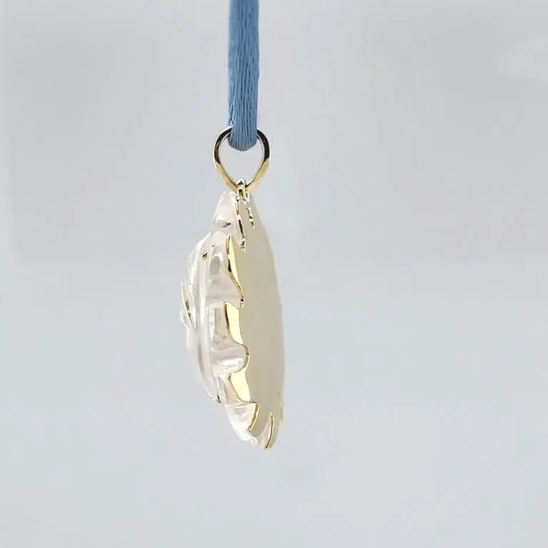Carved Rock Crystal "Sun Face" and 18k Yellow Gold Pendant with Blue Silk Cord