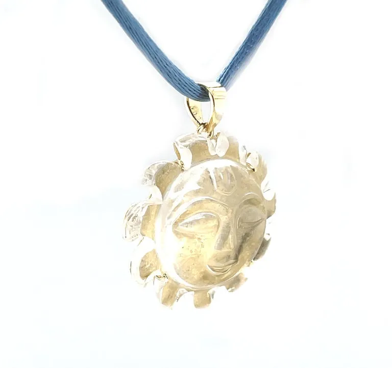 Carved Rock Crystal "Sun Face" and 18k Yellow Gold Pendant with Blue Silk Cord
