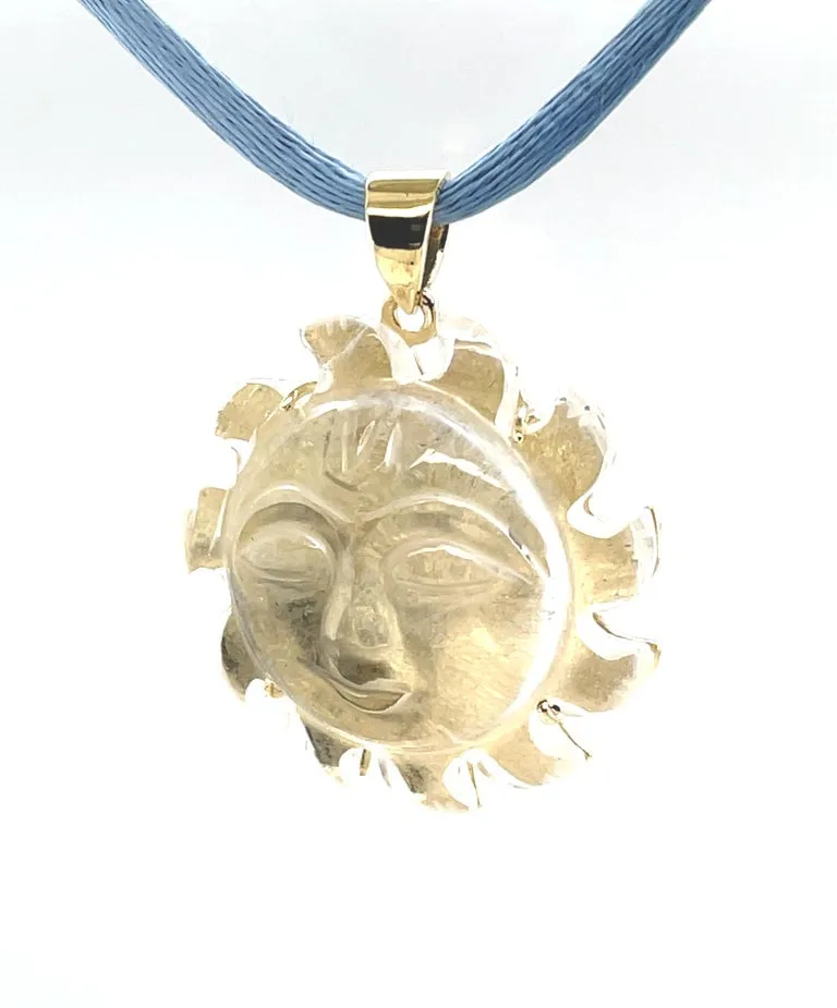 Carved Rock Crystal "Sun Face" and 18k Yellow Gold Pendant with Blue Silk Cord