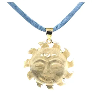 Carved Rock Crystal "Sun Face" and 18k Yellow Gold Pendant with Blue Silk Cord