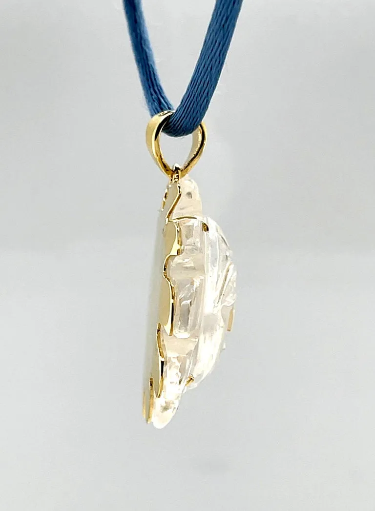 Carved Rock Crystal "Sun Face" and 18k Yellow Gold Pendant with Blue Silk Cord
