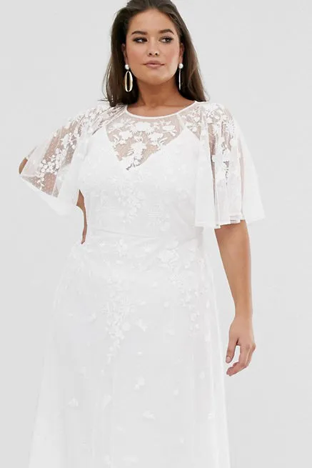 Casual Chiffon And Tulle Sheath Plus Size Wedding Dress With Appliques-715674