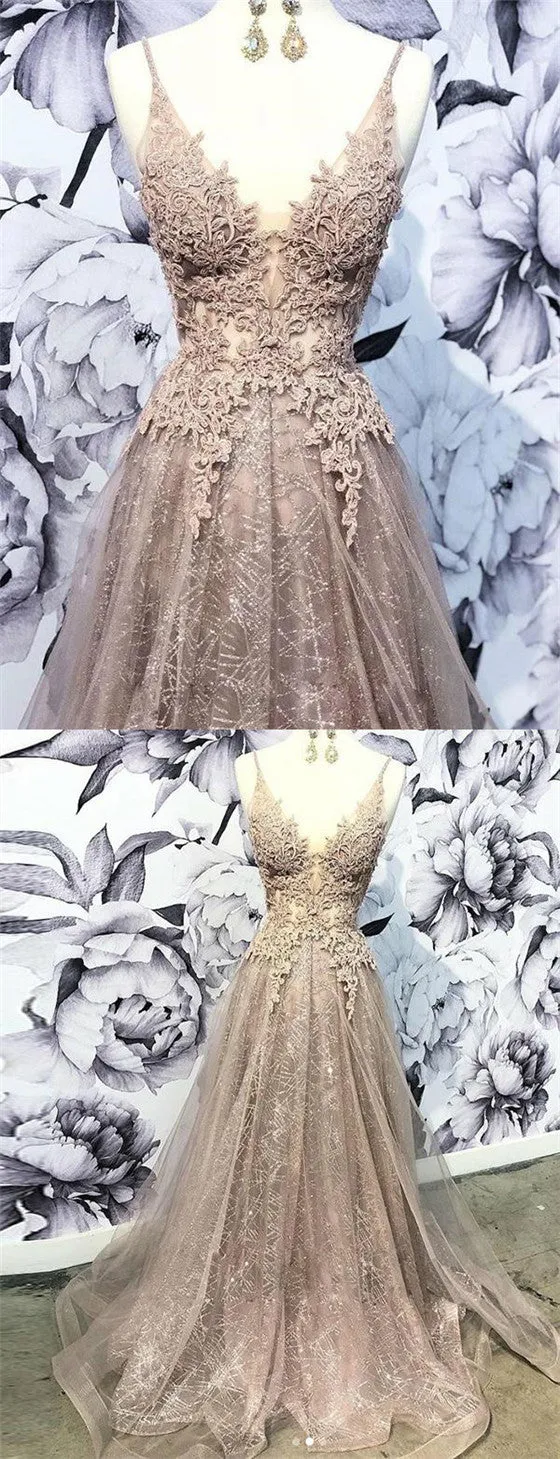 Champagne Long V Neck Appliques Prom Dresses With Beading, QB0612