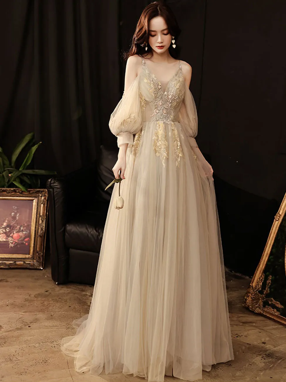 Champagne Tulle Lace Long Prom Dress, A line Lace Formal Graduation Dresses
