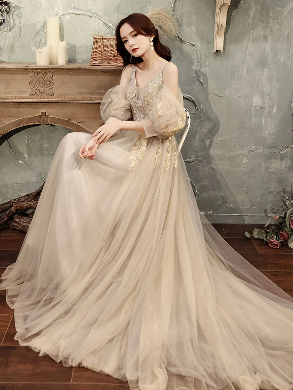 Champagne Tulle Lace Long Prom Dress, A line Lace Formal Graduation Dresses
