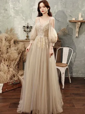 Champagne Tulle Lace Long Prom Dress, A line Lace Formal Graduation Dresses