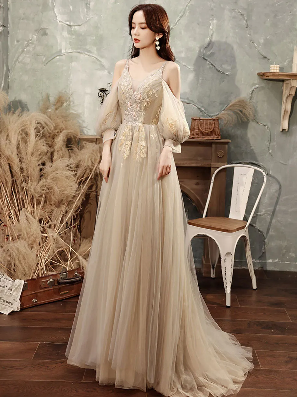 Champagne Tulle Lace Long Prom Dress, A line Lace Formal Graduation Dresses