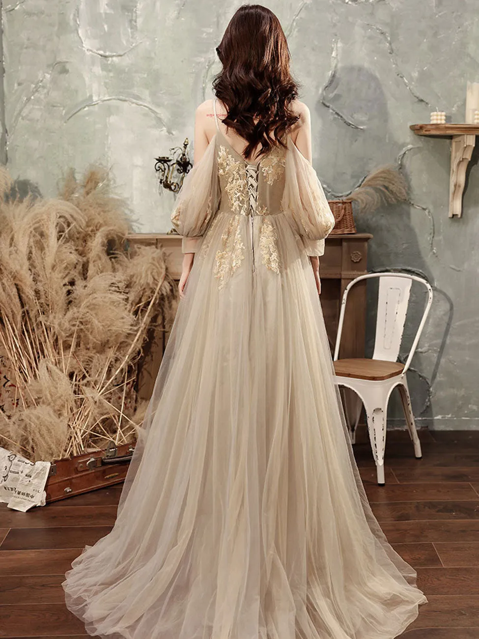 Champagne Tulle Lace Long Prom Dress, A line Lace Formal Graduation Dresses