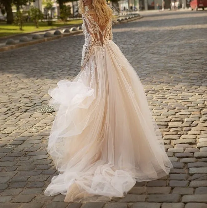 Champagne Wedding Dresses with Detachable Train V Neck