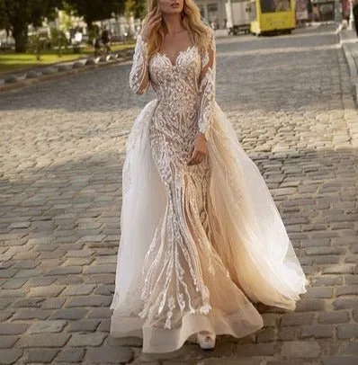 Champagne Wedding Dresses with Detachable Train V Neck