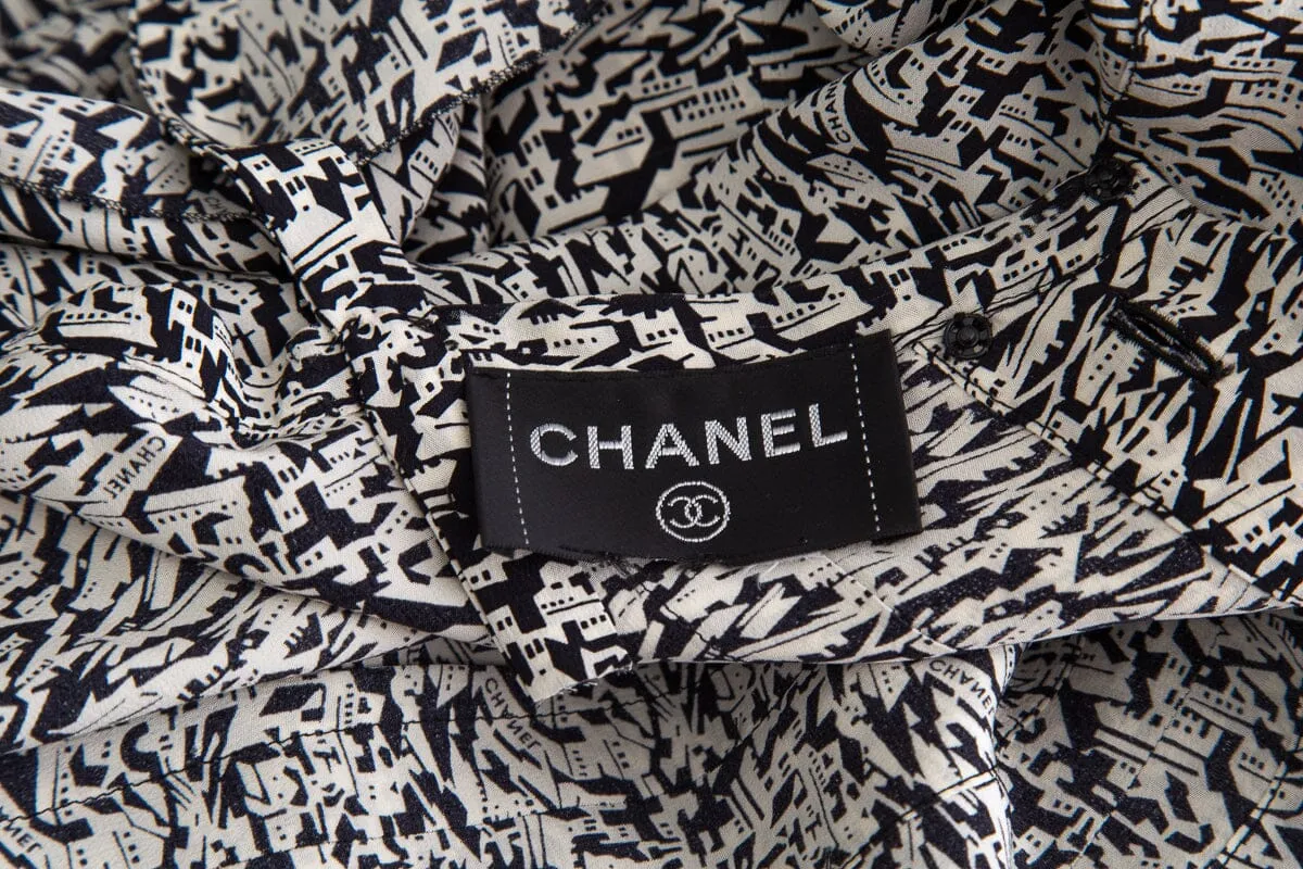 Chanel Black and White Silk House Printed Dress SZ S